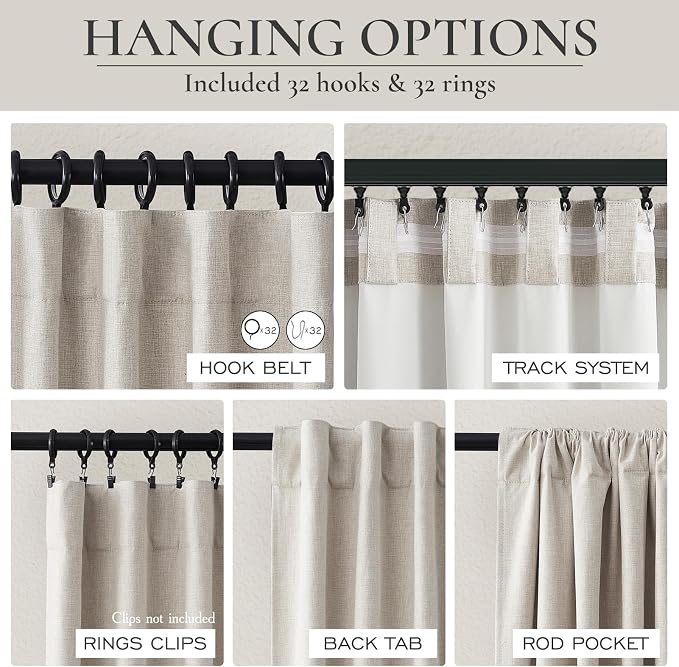 QJmydeco Natural Linen Blackout 92 Inch Bedroom Curtains 2 Panel Sets, Rustic Boho Cream Pleated Ceiling Track Curtain for Dining Room Heat Blocking Privacy Heavy Drape 92 Inches Long Oatmeal Back Tab