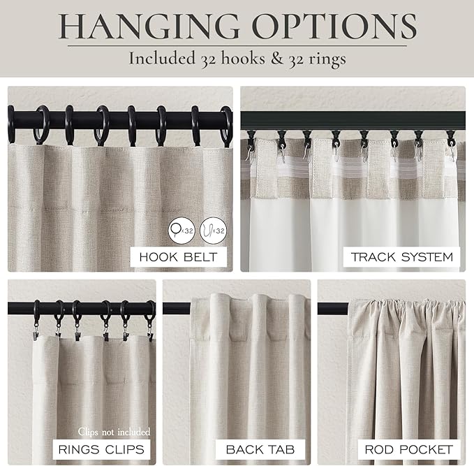 QJmydeco Black Out 98 Inch Long Boho Curtains 2 Panel Set, Farmhouse Curtains for Living Room Darkening/Thermal/Noise Reduction Textured Flax Linen Drape Hook&Ring Included Birch Off White 50"x98"