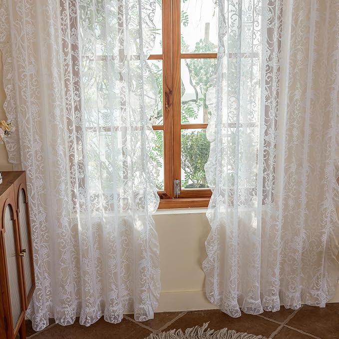 TUDECO Sheer Floral Curtains 108 Inches Long - Romantic White Lace Curtains for Living Room Rod Pocket Embroidered See Through Coquette Voile Window Decor 2 Panles, 59 x 108 Inches, White