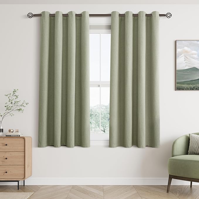 Jowels Sage Green Linen Blackout Curtains 63 Length 2 Panels Set for Living Room Bedroom, 100% Black Out Thermal Insulated Linen Drapes, Room Darkening Grommet Curtains 63 Inches Long