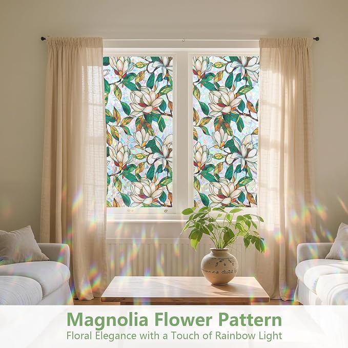 Kromapolis Window Privacy Film, Stained Glass Sticker Floral Window Clings, Decorative Static Clings UV Blocking Colorful Decals, Removable Vinyl Covering White Magnolia Flowers, 35.4'' x 157.4''