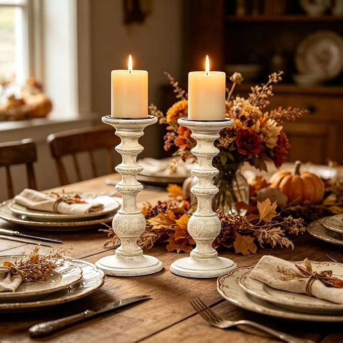 Hosley Set of 4 11 Inch High White Wooden Pillar Candle Holder Country Style Ideal for Weddings or Parties as Well as Home Decor