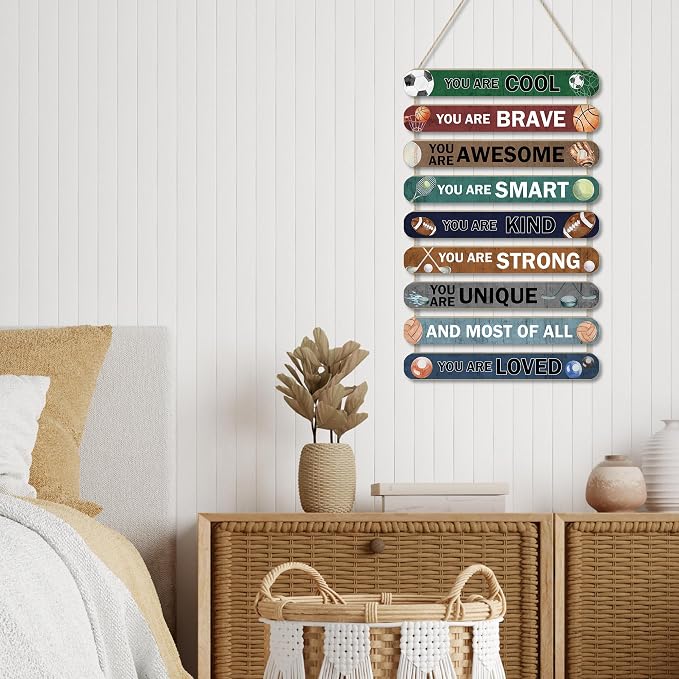MONALET Sports Balls Inspirational Wall Decor for Boys Kids Room Classroom Playroom Nursery, You Are Loved Hanging Wooden Signs Decorations, Soccer Basketball Football Wall Art Wood Plaque 9Pcs 12x19
