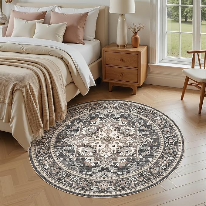 6ft Round Area Rug: Washable Vintage Neutral Soft Non Slip Thin Large Floor Carpet for Living Room Bedroom Kitchen Dining Room Home Office Farmhouse Indoor - Black