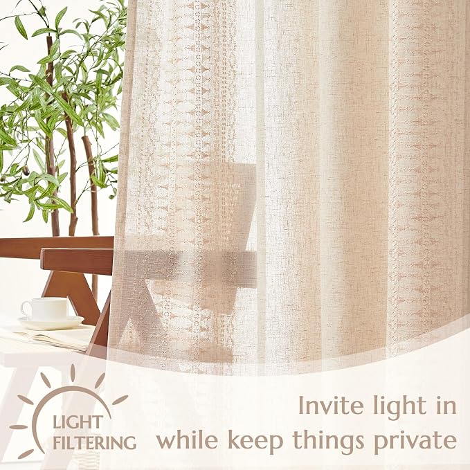 jinchan Boho Curtains for Bedroom Linen Blend Embroidered Bordered Farmhouse Curtains Living Room Drapes 63 Inch Length Bohemian Light Filtering Grommet Window Drapes 2 Panels Ivory on Beige