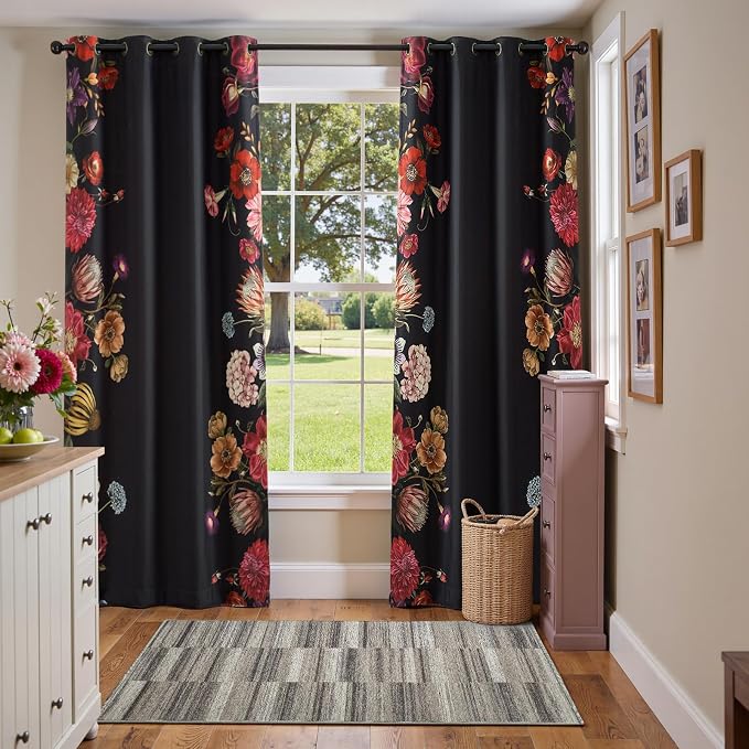 jinchan Hannah Floral Blackout Curtains with Retro Vintage Black Boho Flower Print Drapes for Bedroom Living Room Fall Decor Window Curtains Room Darkening 84 Inches Length 2 Panels Set with Grommet