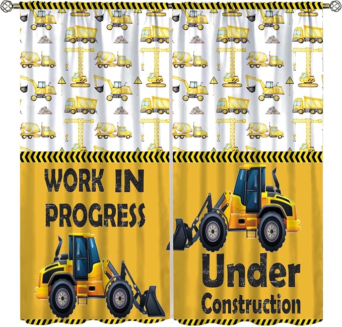 Cartoon Car Blackout Curtain,Boys Kids Construction Vehicles Truck Yellow Window Curtain for Dining Room Kitchen Bedroom Living Room Office Nursery Drapes,72x63 in