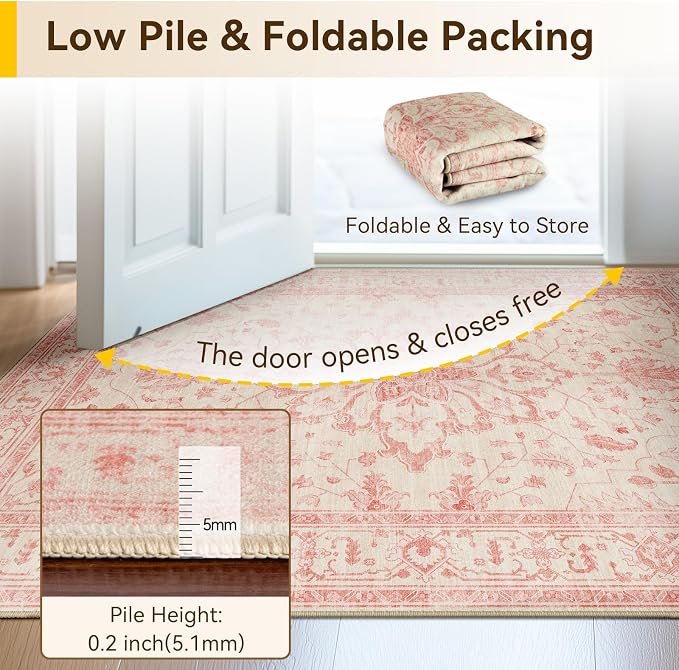 RELEANY Area Rugs Small 2'x3' Washable Non-Slip, Floral Vintage Distress Medallion Carpet for Kitchen Entryway Bathroom, Pink Light Vintage Pink