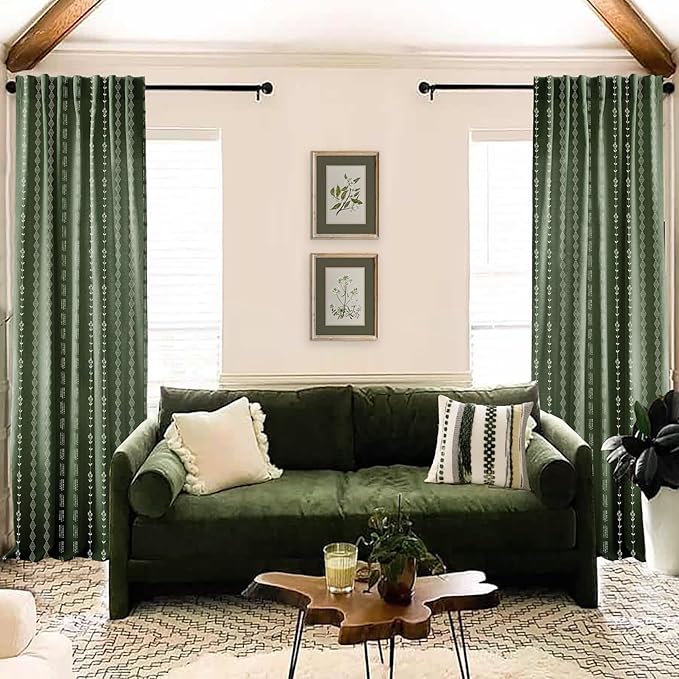 Olive Green Linen Sheer Boho Patterned Curtains 63 Inches Long for Living Room 2 Panels Set