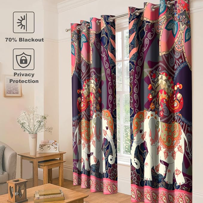 Jekeno Boho Elephant Blackout Curtains Bohemian Animal Peacock Mandala Flower Pattern Print Decor Bedroom Living Room Darkening Grommet Window Drapes 2 Panels Set, 52" x 84"