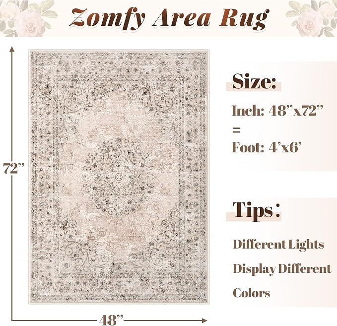 Area Rug 4x6 Vintage Rug: Washable Indoor Medallion Rugs Low Pile Distressed Floor Carpet Retro Accent Rug for Living Room Bedroom Kitchen Dining Table Home Office(Distressed Brown, 4'x6')