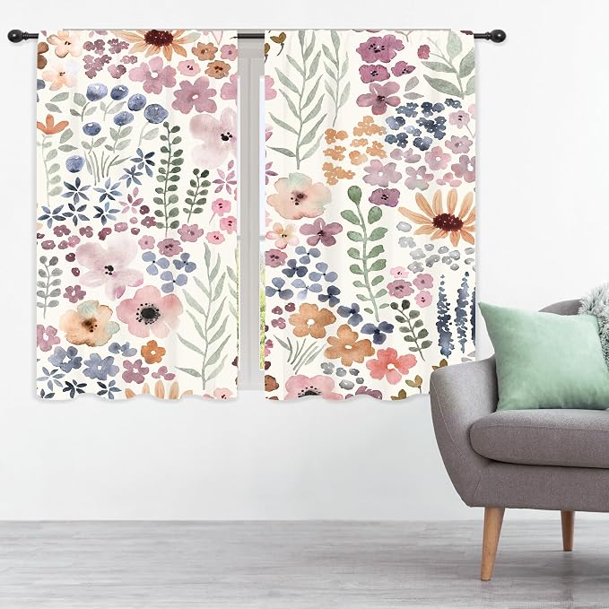 Riyidecor Colorful Floral Curtains Cute Boho Pink Wildflower Trendy Pretty Aesthetic for Girls Rod Pocket Watercolor Plant Leaves Botanical Bedroom Living Room Treatment Fabric 2 Panels 42Wx63H Inch