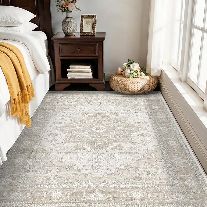 OPPODREAM Soft Neutral Area Rugs 4x6, Low-Pile Washable Rugs 4x6 with Non Slip Backing, Faux Cashmere 4 x 6 Throw Carpet, Beige