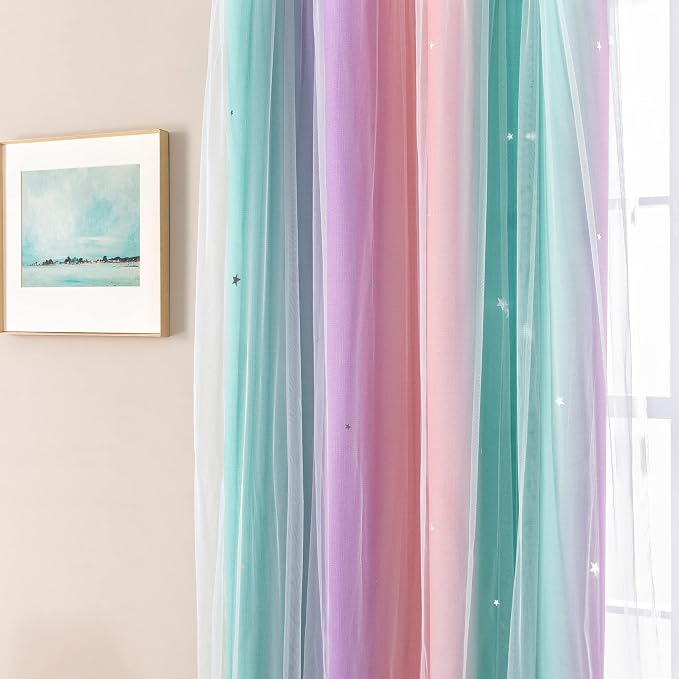 XiDi Curtains for Bedroom Decor, Kids Room Curtains for Girls Rainbow Colour, Pink Purple/34/108