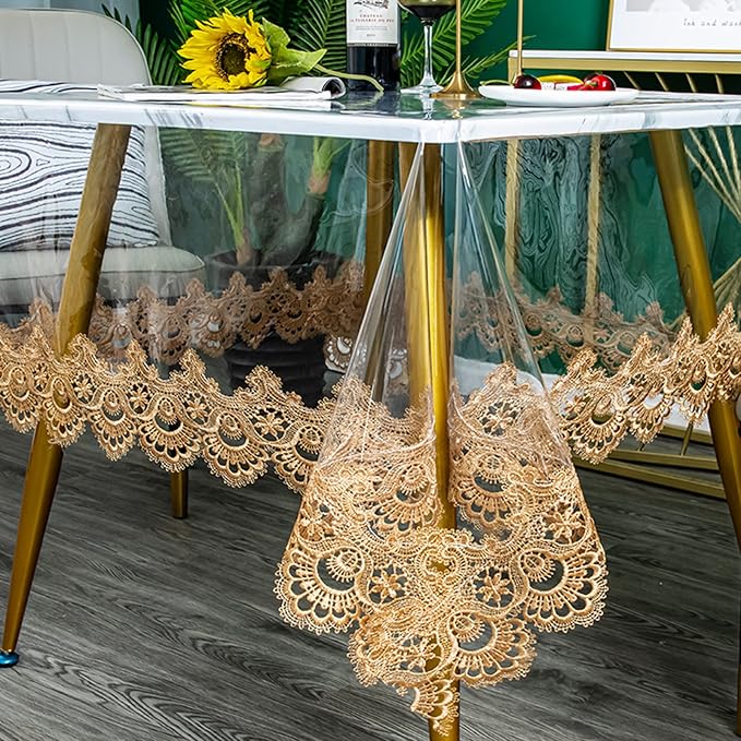 Jeloris Plastic Clear Rectangle Tablecloth Vinyl PVC Waterproof Tablecloth Embroidered Lace Edge Transparent Table Cover for Kitchen Dining Coffee Table (43x62 inch, Brown)