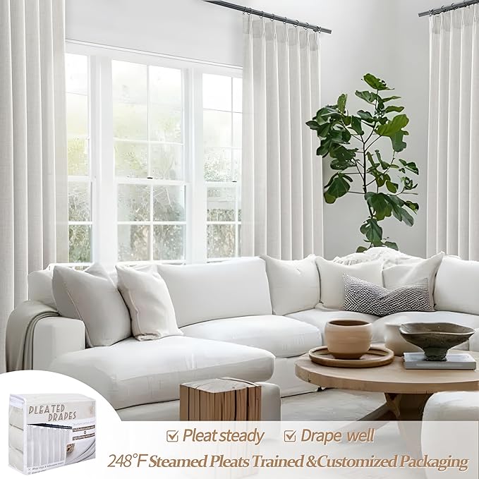 144 Inch Extra Long Beige White Light Filtering Sheer Curtains for Living Room 2 Panel Set, Memory Shape Pinch Pleat Natural Linen Floor to Ceiling Windows Drapes Privacy Elegant Curtain 12FT Length