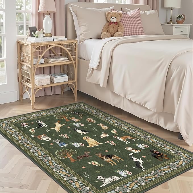 Area Rug 4x6 Dark Green Rug, Washable Boho Rugs Non Slip Low Pile Floral Dog Small Carpet for Bedroom, Bedside, Kids Room, Office, Dining Room(Dark Green, 4 x 6)