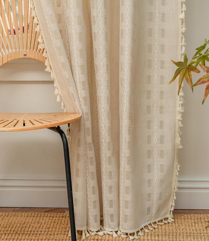 Deeprove Ivory Boho Curtain 72 inches Long for Living Room Bedroom Kitchen, Lodge Bohemian Sheer Linen 72 inches Length Stripe Embroidery Privacy Window Tassel Decor W52 x L72, 1 Panel