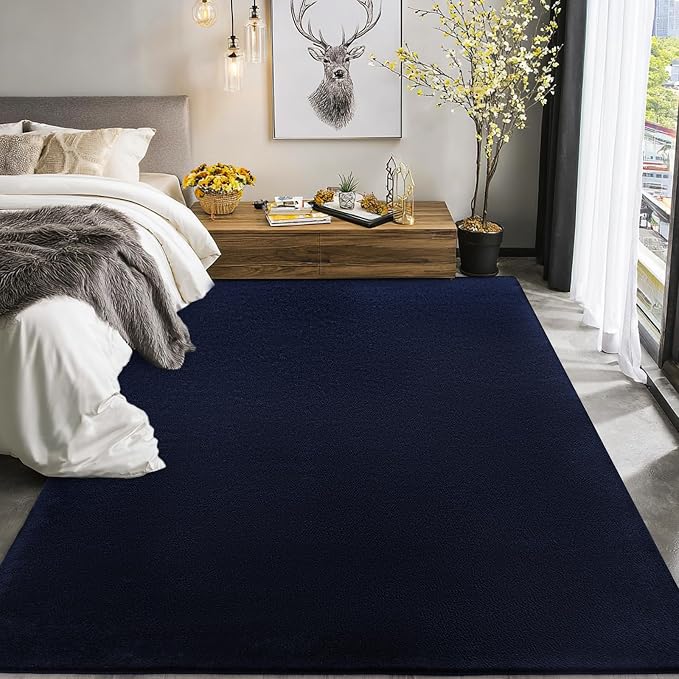 qulint 4x6 Modern Rug for Boys Room, Navy Blue Rug for Living Room Bedroom Soft Washable Thickened Memory-Foam Indoor Carpet, Minimalist Solid Non Slip Carpet for Kid Nursery Kitchen Home Decor