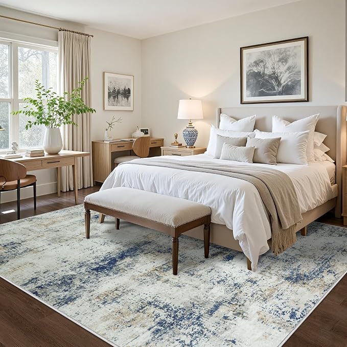 8x10 Area Rugs for Living Room Bedroom: Abstract Washable Rug with Anti-Slip Backing Non-Shedding Stain-Resistant Soft Large Carpet for Dining Room Nursery Hallway Indoor Home Office Blue Brown