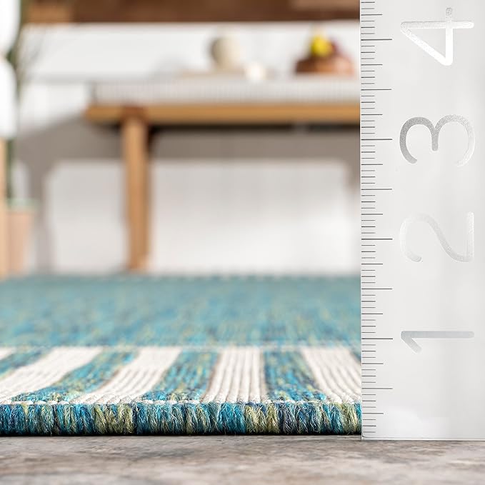 Nuloom Asha Teal/Ivory, 9'6" x 12', Casual, Striped Border, Soft and Cozy, High Traffic, Easy Clean, Durable Area Rug for Indoor/Outdoor Patio, Deck, Porch, Garden, Courtyard