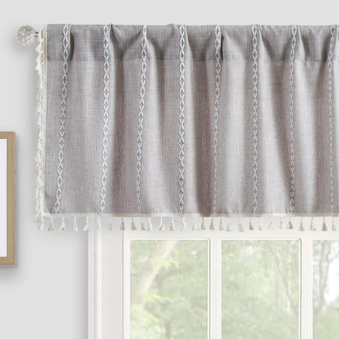 RoomTalks Rustic Farmhouse Kitchen Valances for Windows in Tan, 18’’L x 52’’W Boho Embroidered Striped Vintage Chic French Country Cottage Textured Tassel Curtain Valances for Bathroom Living Room