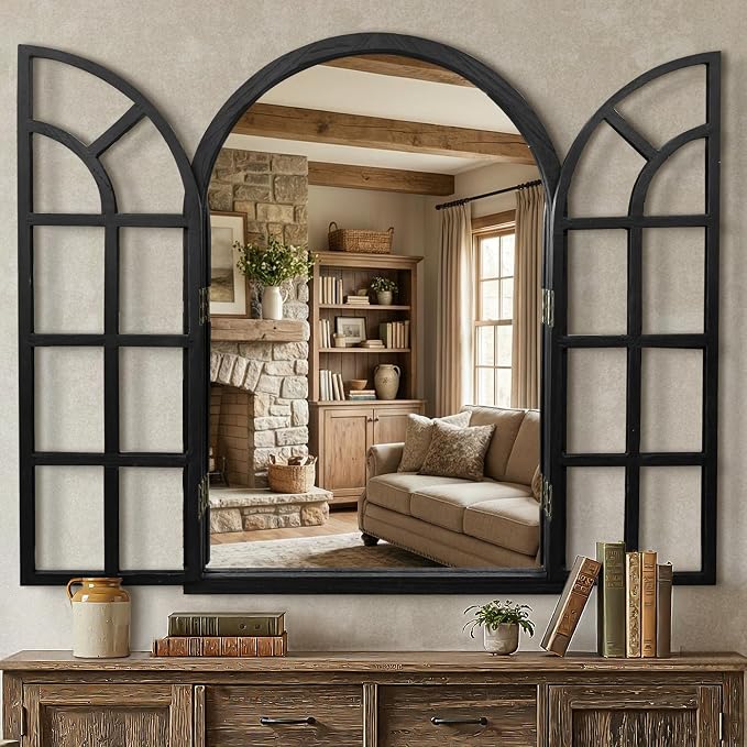 Arched Window Mirrors for Wall, Wooden Rustic Farmhouse Mirror for Wall Decor 26 x 38 Black, Decorative Wall Mirror Arch for Living Room, Bedroom, Bathroom, Fireplace, Farmhouse