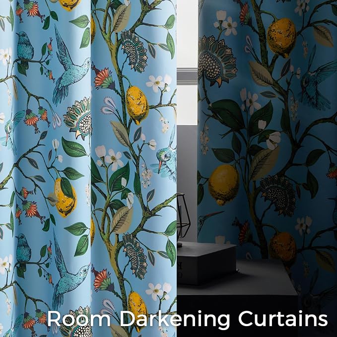 Topfinel 54 Inches Long Short Blue Blackout Curtains for Cafe Kitchen, Grommet Room Darkening Luxury Floral Lemon Hummingbird Patterned Waverly Colorful Drapes for Living Room Bedroom