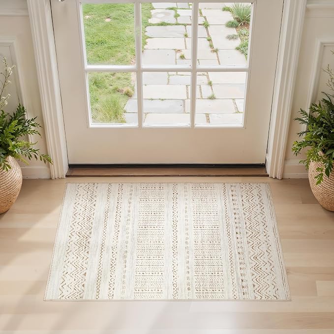 cotiled Washable 2x3 Entryway Rug: Washable Boho Rugs with Non Slip Backing Small Soft Indoor Stain Resistant Carpet for Kitchen Front Lightweight Home Decor Brown/Cream