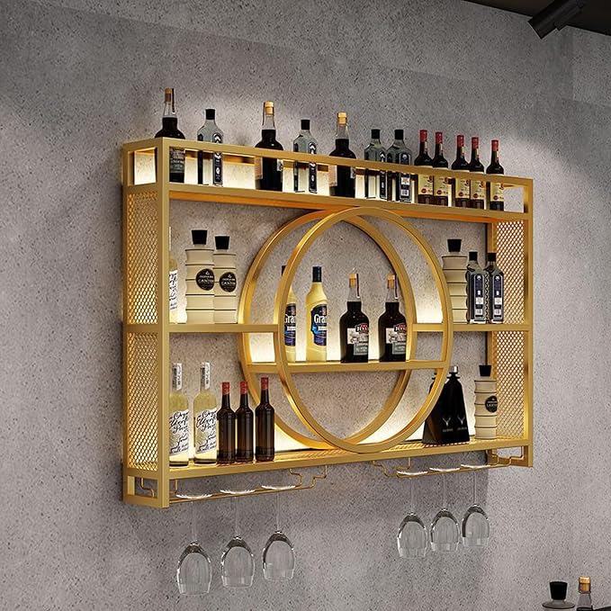 Metal Wine Rack Wall Mounted with LED Light, 3-Tier Bar Liquor Shelf with Wine Glass Holder, Modern Large Capacity Liquor Bottle Display Storage Shelf for Home Bar, Dining Room(Gold, 100*80*15)