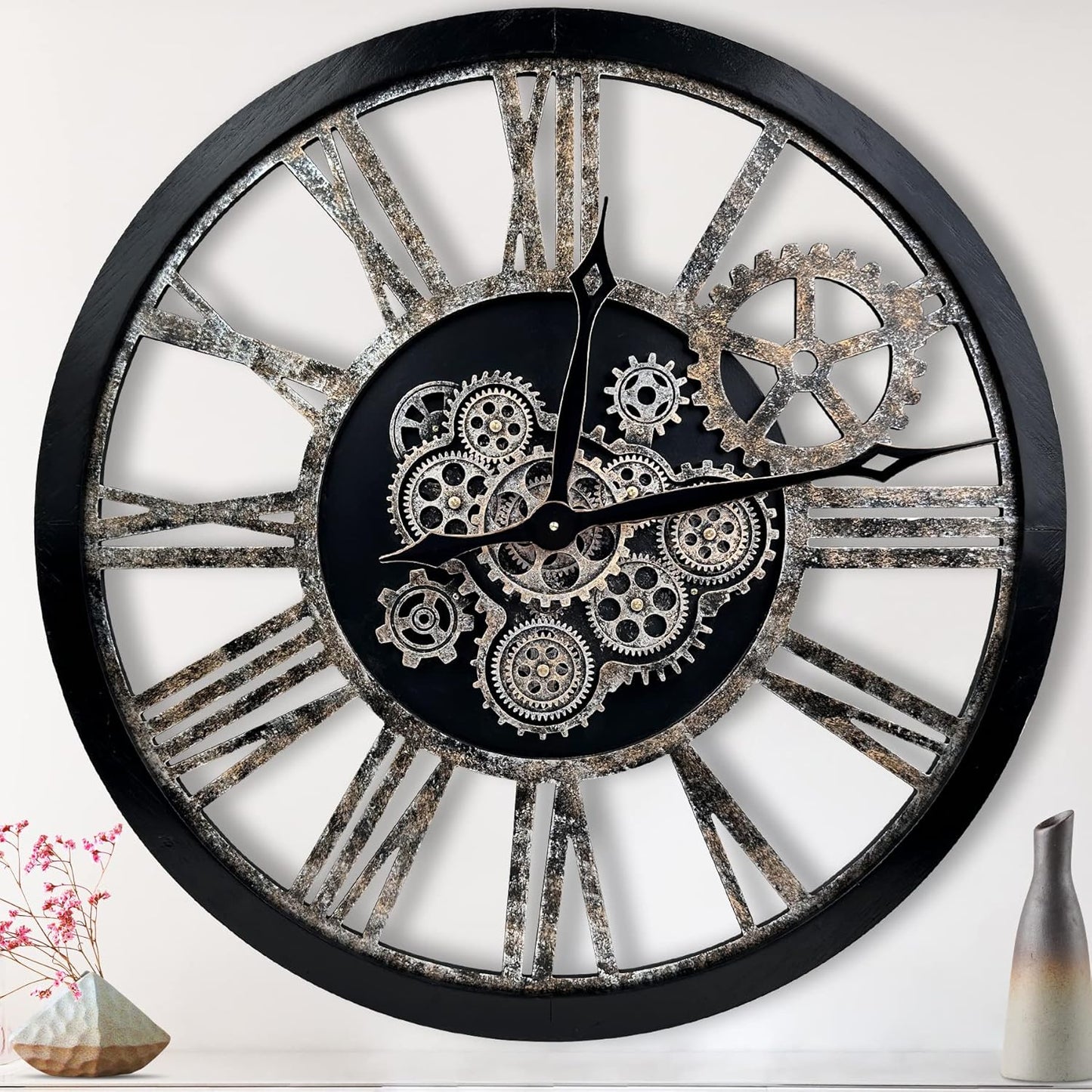 The B-Style 36" Large Moving Gear Wall Clock Oversized Vintage Farmhouse Wall Clocks for Living Room Decor Rustic Industrial Wood Clock (Black and Bronze)