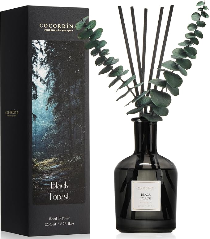 COCORRÍNA Black Forest Reed Diffuser – 6.76 oz Essential Oil with 8 Reeds & Real Eucalyptus Sticks, Home Fragrance for Bedroom or Bathroom Décor