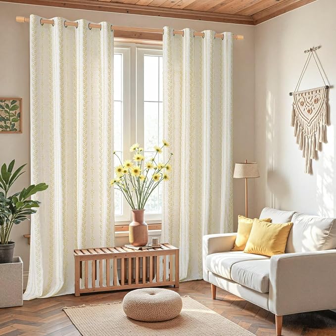 BGment Mustard Yellow Vintage Floral Linen Curtains for Farmhouse - Boho Curtains 90 Inch Long Light Filtering Window Drapes for Country Rustic Living Room, Each 52 Inch Wide, 2 Panels Set