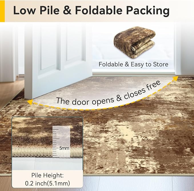 RELEANY Washable Area Rugs 2'x6' Non-Slip Modern Abstract Soft for Living Room Entryway Bedroom Kitchen, Print Pattern, Brown Tan Beige Coffee