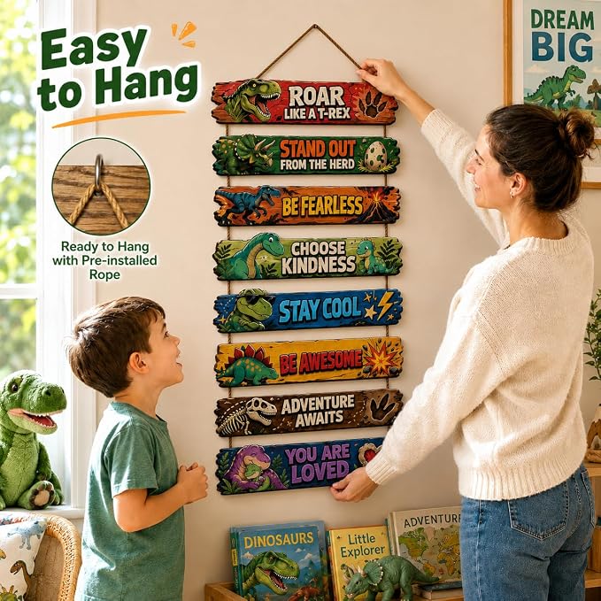 BeautiFan Cool Dinosaur Room Decor Set of 8 with Led Light for Teen boys Kids Toddler, Inspirational Dinosaur Animal Wood Sign Nursery Wall Decor for Bedroom, Dinosaur Lamp Wall Decor Art