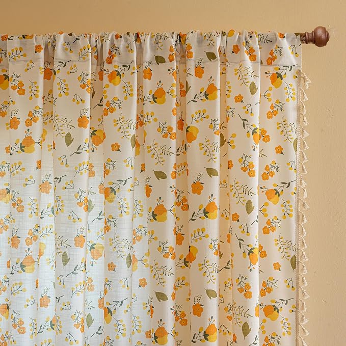 OYX Floral Boho Curtains 2 Panels Short 96 Inch Curtains Patterned Semi Sheer Living Room Drapes Farmhouse Boho Window Curtain Panels with Tassel Beige Rod Pocket Bedroom Drapes