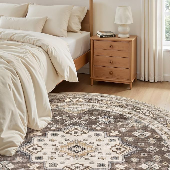 8ft Round Vintage Living Room Area Rug - 8x8 Large Soft Washable Oriental Traditional Distressed Farmhouse Rugs for Bedroom - Indoor Floor Accent Carpet for Home Office House Decor - Dark Brown