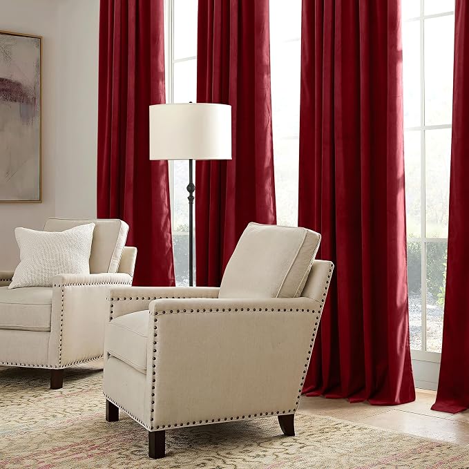 RYB HOME Chistmas Red Velvet Curtains- Super Soft Thermal Insulated Back Tab & Rod Pocket Window Curtain for Bedroom Movie Theater, Width 52 x Length 90 inch, Red, 2 Panels