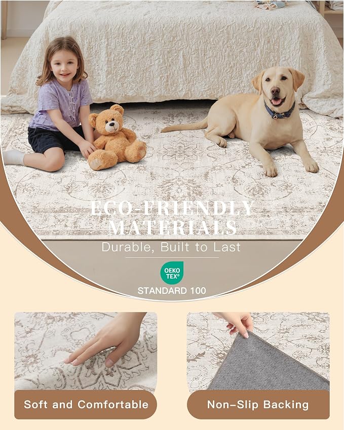 Madane 5x7 Area Rugs for Living Room, Washable Vintage Natural Rug with Non-Slip Backing, Soft Floral Print Throw Rugs Floor Low Pile Carpet for Bedroom Dining Room Farmhouse (5 x 7, Brown/Ivory)