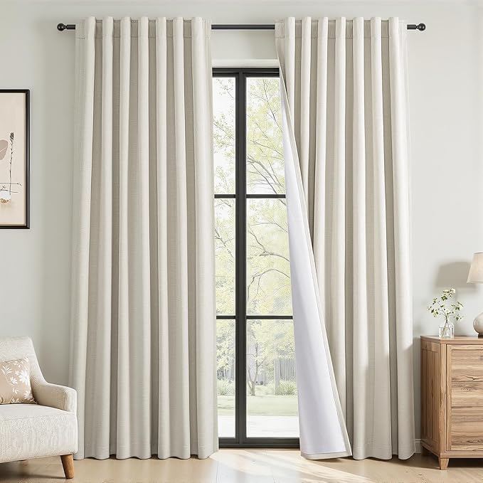 Topfinel 100% Blackout Natural Linen Rod Pocket & Back Tab Drapes for Bedroom, 92 Inch Long Cream Beige Panels for Sliding Glass Doors, Farmhouse Aesthetic Window Drapery, Cream Beige 52" W*92" L