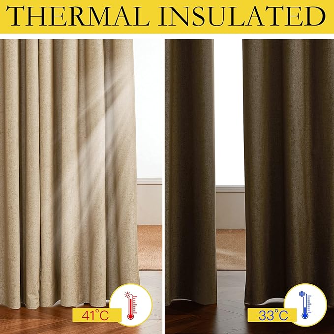 NICETOWN 100% Blackout Linen Curtains for Living Room with Thermal Insulated White Liner, Camel, 52" Wide, 2 Panels, 84" Long Drapes, Back Tab Retro Linen Curtains Vertical Drapes Privacy for Bedroom