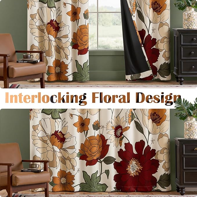 jinchan Lora Floral Curtains for Bedroom Blackout Drapes for Living Room Darkening Fabric Vintage Beige Boho Flower Pattern Fall Decor Window Curtains 84 Inches Length 4 Panels with Grommet