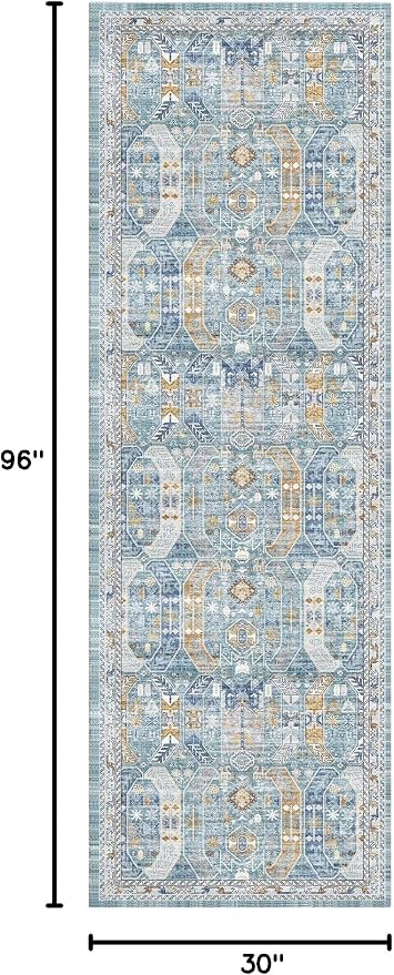 Madane Kitchen Runner 2'6''x8' Soft Rug Runners for Hallways, Blue/Gold | Vintage Machine Washable Rugs 2.5x8 Ft, Non-Slip Low Pile Stain-Resistant 8ft Floor Carpet for Laundry Room Corridor