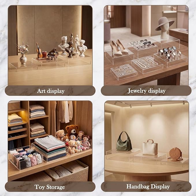Geelin 6 Pack Acrylic Risers for Display Acrylic Cube Boxes Risers Display Stands with Hollow Bottoms Decorative Stand for Jewelry Candy Table Decor 6 Sizes(Clear,10 to 15 Inch,Square)
