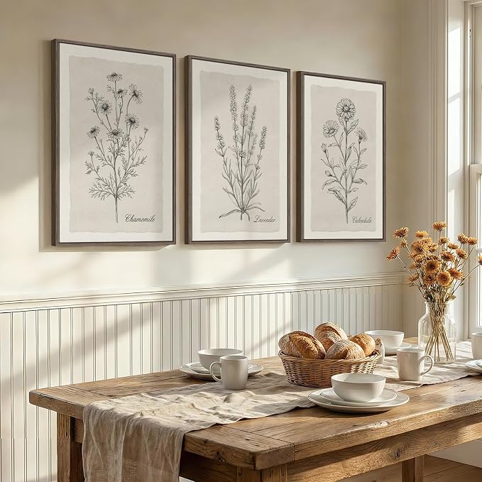 Framed Farmhouse Botanical Canvas Wall Art for Living Room, 3 Piece Large Vintage Neutral Floral Line Artwork for Walls, Minimalist Rustic Sketch Art Prints Paintings for Bedroom Kitchen, 24x36 Inch