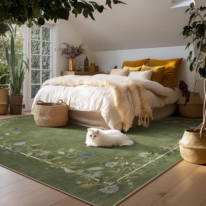 Washable Rugs 8x10 Area Rugs for Living Room: Bedroom Rug Stain Resistant Non Slip Low Pile Ultra Soft Faux Wool Lightweight Large Carpets for Dining Room Kitchen Farmhouse Home Office Indoor