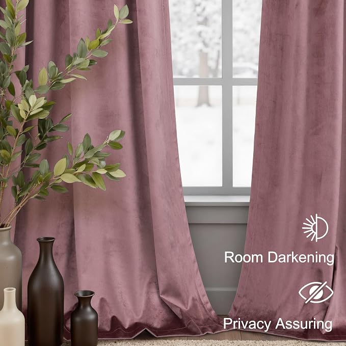 Dusty Rose Pink Velvet Curtains 84 Inch Length for Girls Bedroom 2 Panels Back Tab Pocket Pleated Pretty Cute Luxury Living Room Darkening Thermal Insulated Light Reducing Long Drapes for Dining Room