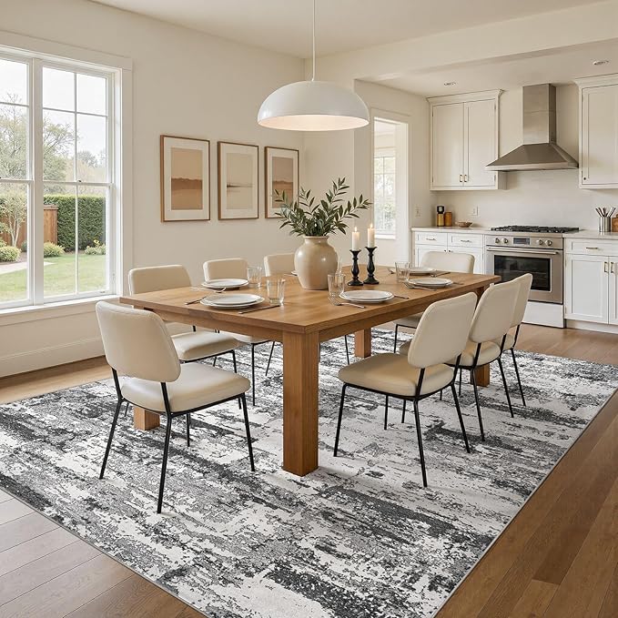 9x12 Area Rugs for Living Room - Washable Living Room Rug 9x12, Large Abstract Modern Neutral Soft Carpet with Non-Slip Backing, Stain Resistant for Bedroom Dining Indoor Decor (Black Grey)