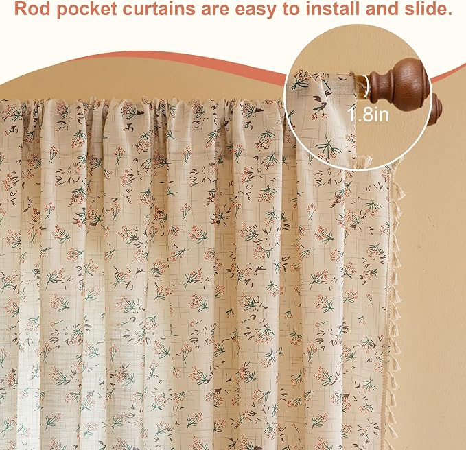 OYX Boho Floral Curtains 63 Inch Length 2 Panels for Living Room, Bedroom Light Filtering Drapes, Farmhouse Vintage Country French Rustic Tassels Pattern Rod Pocket Aesthetic Decor Window Treatments