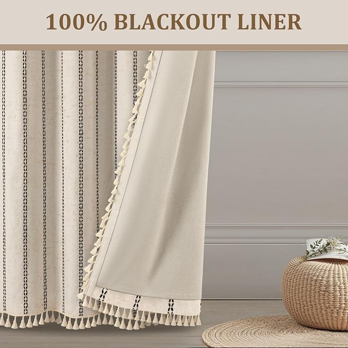 Beige Boho Blackout Curtains 2 Panels 63 Inch for Living Room Bedroom, Linen Texture Farmhouse Curtains with Tassels and Black Cotton Embroidery Vintage Rustic Western Rod Pocket